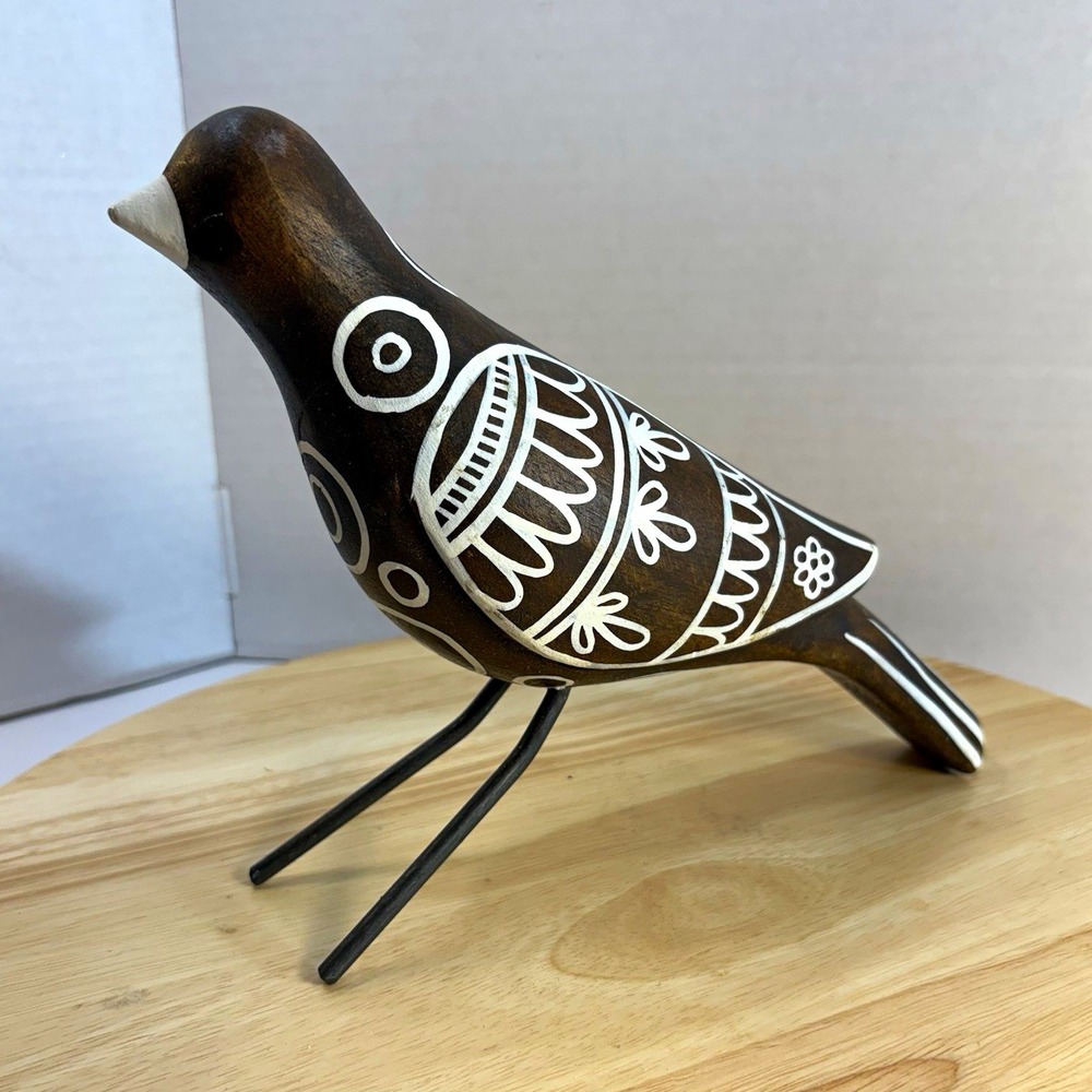 Hand Painted Wood & Metal Bird Figurine Matte Finish Floral Pattern 7.5in